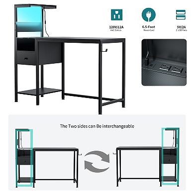 Lufeiya Computer Desk with USB, Reversible Storage Shelves and Drawer, LED Gaming Desk