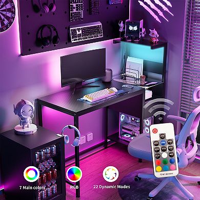 Lufeiya Computer Desk with USB, Reversible Storage Shelves and Drawer, LED Gaming Desk