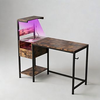 Lufeiya Computer Desk with USB, Reversible Storage Shelves and Drawer, LED Gaming Desk