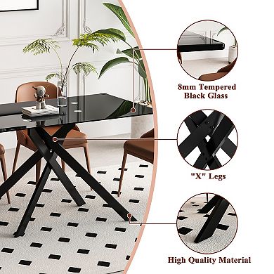 CEWOR 51“ Rectangular Tempered Glass Dining Table, Metal Table Legs, Easy to Clean