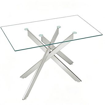 CEWOR 51“ Rectangular Tempered Glass Dining Table, Silver Chrome Plated Metal Legs, Easy to Clean