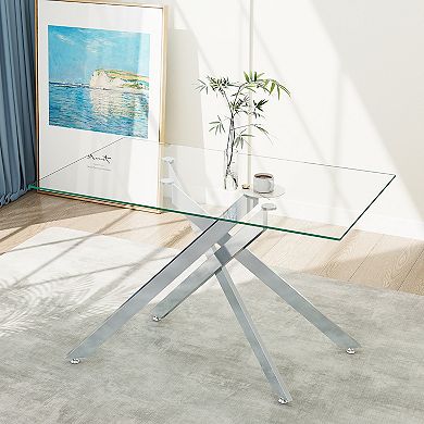CEWOR 51“ Rectangular Tempered Glass Dining Table, Silver Chrome Plated Metal Legs, Easy to Clean