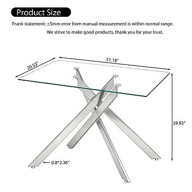 CEWOR 51“ Rectangular Tempered Glass Dining Table, Silver Chrome Plated Metal Legs, Easy to Clean
