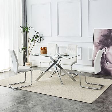CEWOR 51“ Rectangular Tempered Glass Dining Table, Silver Chrome Plated Metal Legs, Easy to Clean