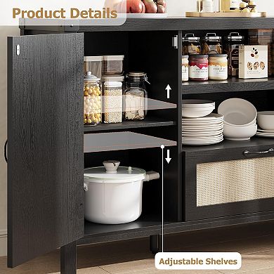 Farmhouse Buffet Cabinet with Rattan Doors and Drawer Storage