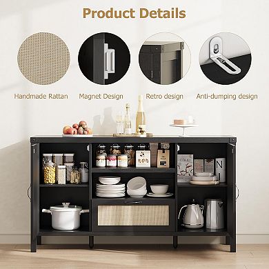 Farmhouse Buffet Cabinet with Rattan Doors and Drawer Storage