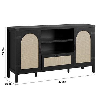 Farmhouse Buffet Cabinet with Rattan Doors and Drawer Storage