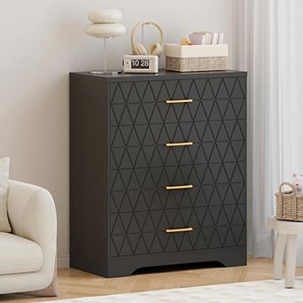 Tall Dressers for Bedroom with 4 Drawers, Wood Chest of Drawers with Gold Handles for Closet