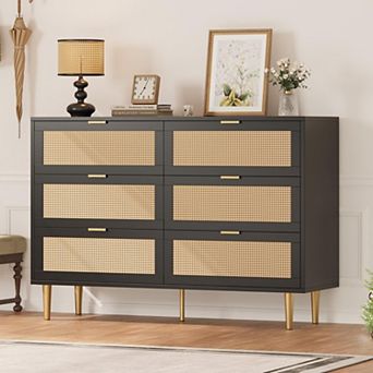 Rattan 6 Drawer Dresser for Bedroom, Modern Chest of Drawers with Gold Legs and Gold Handles, Wide