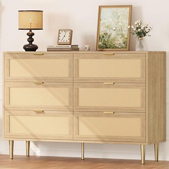 Rattan 6 Drawer Dresser for Bedroom, Modern Chest of Drawers with Gold Legs and Gold Handles, Wide