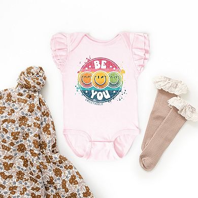 The Juniper Shop SmileyWorld Be You Rainbow Circle Flutter Sleeve Bodysuit
