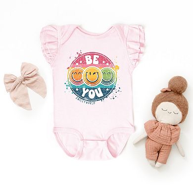 The Juniper Shop SmileyWorld Be You Rainbow Circle Flutter Sleeve Bodysuit