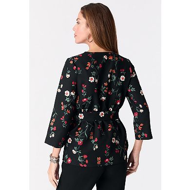 Roaman's Women's Plus Size Faux Wrap Tie Bi-Stretch Blouse