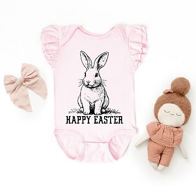 The Juniper Shop Happy Easter Bunny Outline Flutter Sleeve Bodysuit