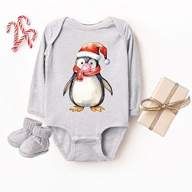 Watercolor Penguin Bubblegum - Baby Long Sleeve Bodysuit