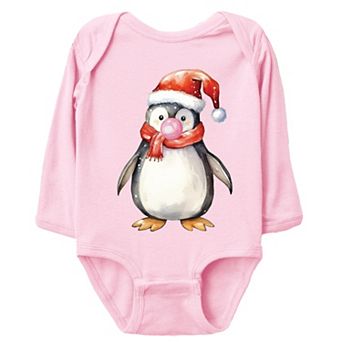 Watercolor Penguin Bubblegum - Baby Long Sleeve Bodysuit