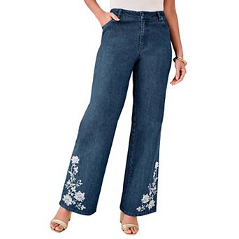Roaman's Women's Plus Size Embellished Wide-Leg Jeans