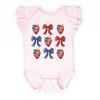 The Juniper Shop Coquette Bows And USA Strawberries Flutter Sleeve Bodysuit