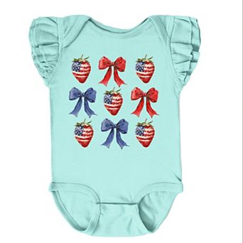 The Juniper Shop Coquette Bows And USA Strawberries Flutter Sleeve Bodysuit