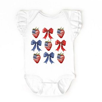 The Juniper Shop Coquette Bows And USA Strawberries Flutter Sleeve Bodysuit