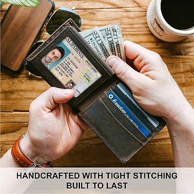Top Grain Leather Wallet for Men - RFID Blocking, 8 Card Slots, 2 ID Windows, Slim Bifold