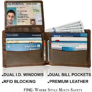 Top Grain Leather Wallet for Men - RFID Blocking, 8 Card Slots, 2 ID Windows, Slim Bifold