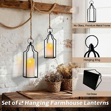 Set of 2 Rustic Metal Lanterns for Indoor Outdoor Decor