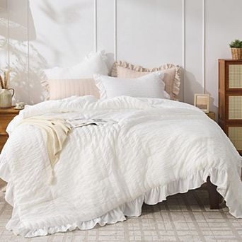 Queen Comforter Set, White Seersucker 3 pc Comforters Queen Size, Fluffy Bedding Sets