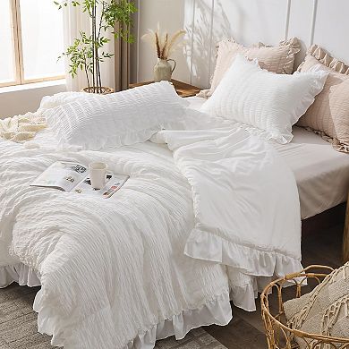 Queen Comforter Set, White Seersucker 3 Pieces Comforters Queen Size, Fluffy Bedding Sets