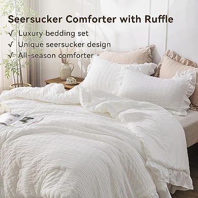 Queen Comforter Set, White Seersucker 3 Pieces Comforters Queen Size, Fluffy Bedding Sets