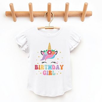The Juniper Shop Birthday Girl Unicorn Flutter Sleeve Tee