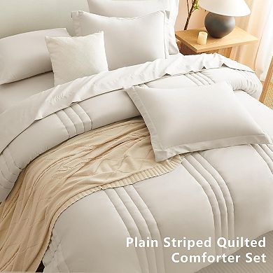 Comforter Sets - 7 Piece Bed in a Bag Beige Comforter Set with Sheets Luxury Queen Bed Set