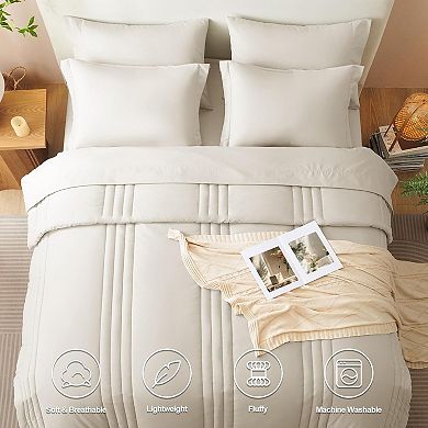 Comforter Sets - 7 Piece Bed in a Bag Beige Comforter Set with Sheets Luxury Queen Bed Set