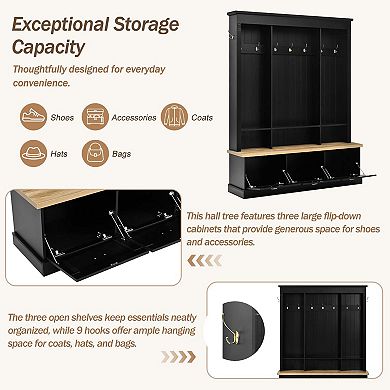 APP Controlled LED Light Hall Tree Storage Bench with Hooks and 3 Large Cabinets for Hallway