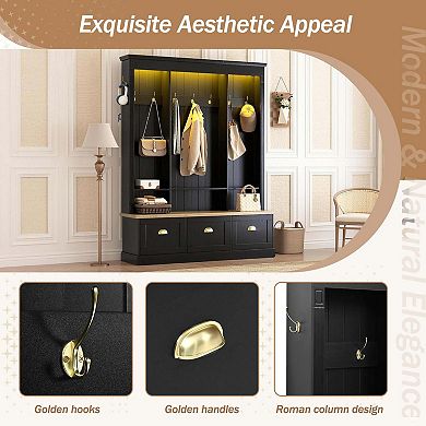 APP Controlled LED Light Hall Tree Storage Bench with Hooks and 3 Large Cabinets for Hallway