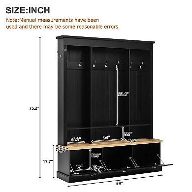 APP Controlled LED Light Hall Tree Storage Bench with Hooks and 3 Large Cabinets for Hallway