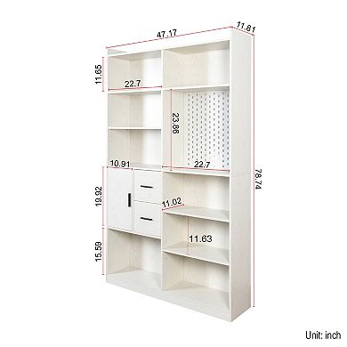 Modern Wood Bookshelf and Bookcase with Pegboard and Drawer