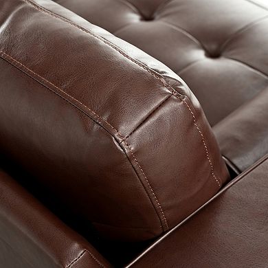 Whisen Mid-Century Modern PU Leather Sofa with 2 Bolster Pillows, Tufted Design, Solid Wood Legs