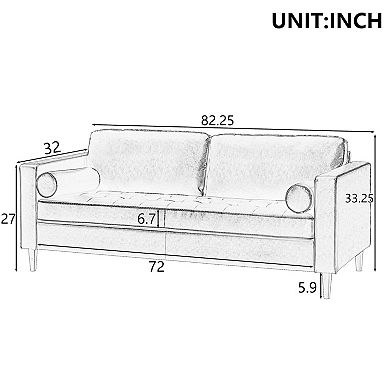 Whisen Mid-Century Modern PU Leather Sofa with 2 Bolster Pillows, Tufted Design, Solid Wood Legs