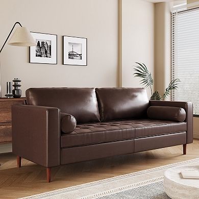Whisen Mid-Century Modern PU Leather Sofa with 2 Bolster Pillows, Tufted Design, Solid Wood Legs