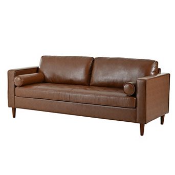 Whisen Mid-Century Modern PU Leather Sofa with 2 Bolster Pillows, Tufted Design, Solid Wood Legs