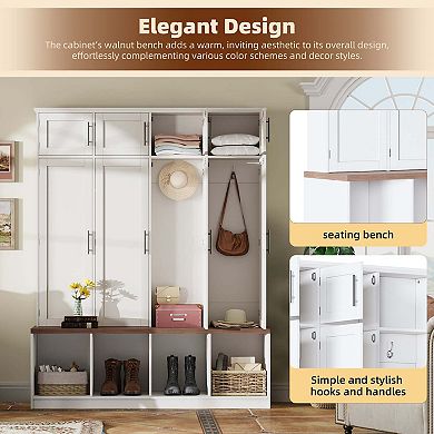 Farmhouse Hall Tree Walnut Seating Bench with 4 Hanging Hooks for Living Room