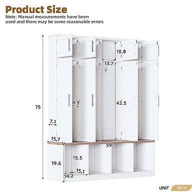 Farmhouse Hall Tree Walnut Seating Bench with 4 Hanging Hooks for Living Room