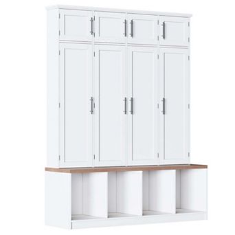 Farmhouse Hall Tree Walnut Seating Bench with 4 Hanging Hooks for Living Room