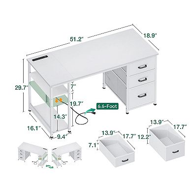 51" Reversible Desk with USB Ports, Fabric Drawers, & Storage Shelves