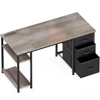 51" Reversible Desk with USB Ports, Fabric Drawers, & Storage Shelves