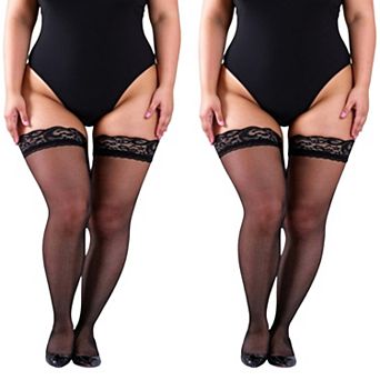 2 pc Women's Plus Size Lace Top Thigh High Stockings with Sheer Smooth Finish Soft Stretch Design