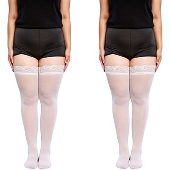 2 pc Women's Plus Size Lace Top Thigh High Stockings with Sheer Smooth Finish Soft Stretch Design