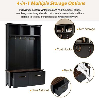 4-in-1 Hall Tree Coat Rack with 6 Golden Hooks for Entryway