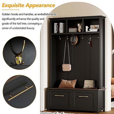 4-in-1 Hall Tree Coat Rack with 6 Golden Hooks for Entryway